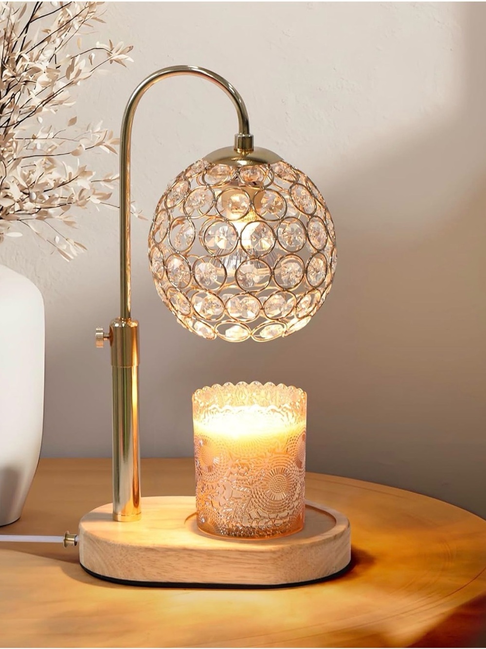 Crystal Globe Table Lamp with Wood Base - Gold Finish